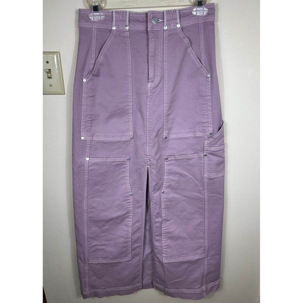 Anthropologie Pilcro Carpenter Maxi Skirt Sz 0 Purple Cargo Utility Front Slit